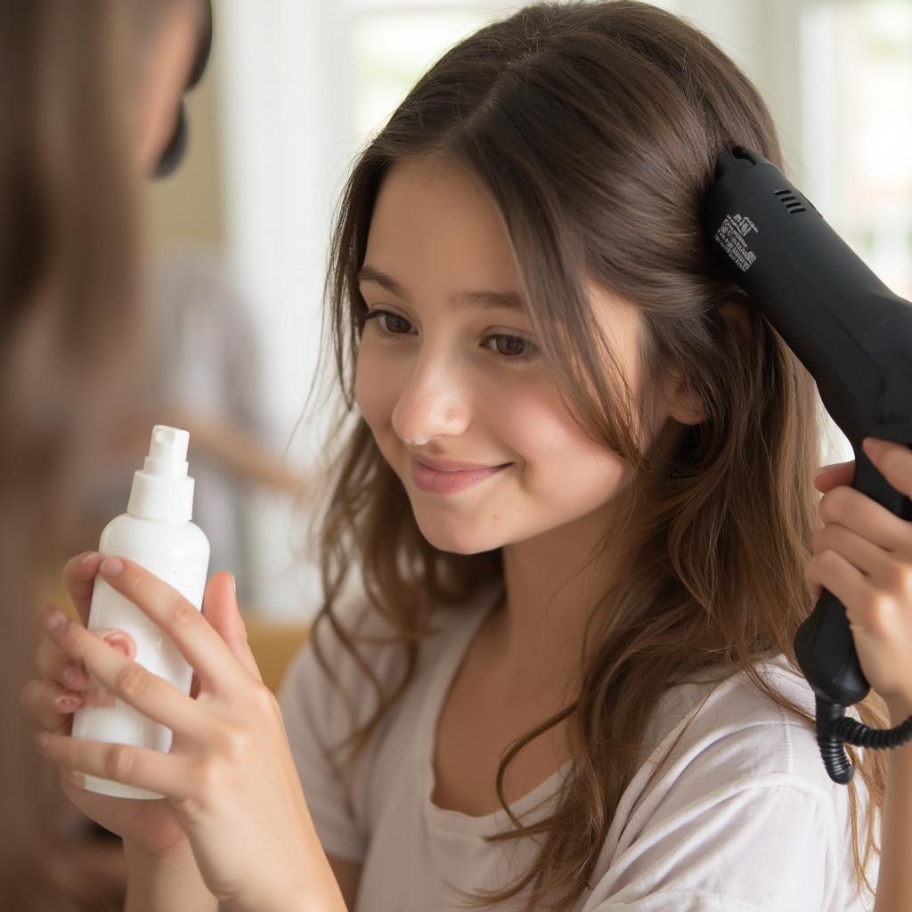 Teenage girl applying heat protectant spray to her hair