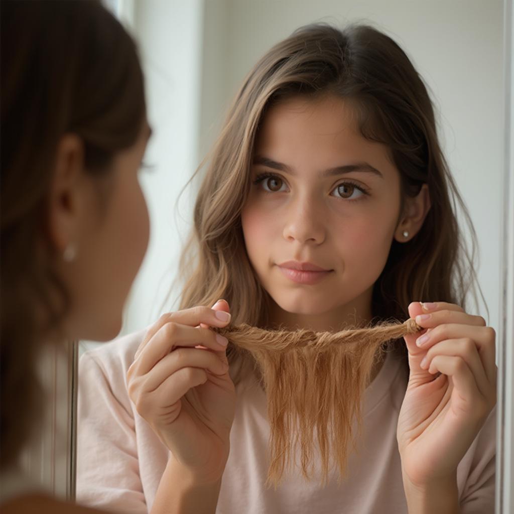 Teenage girl examining her hair type in the mirror