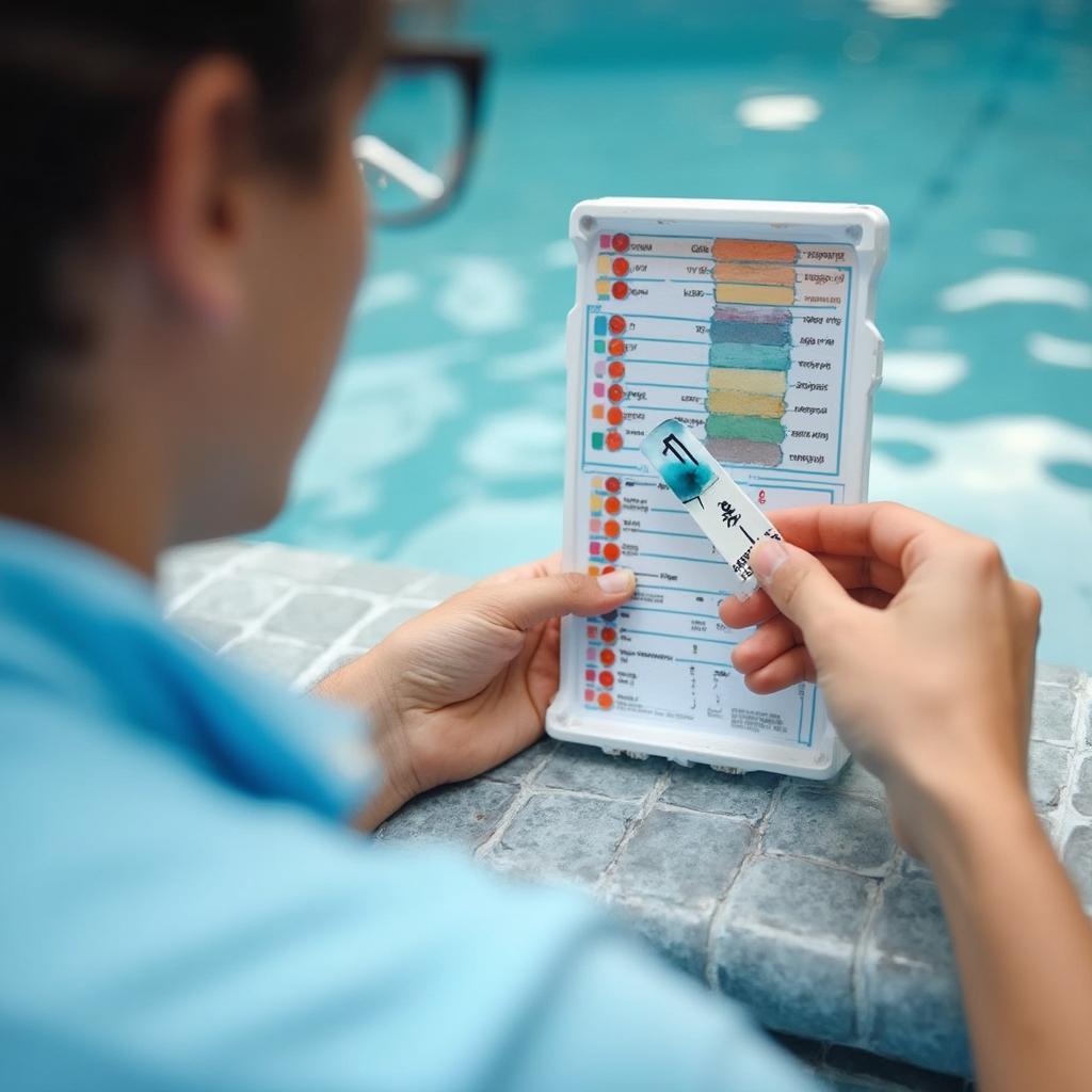 A person testing pool water using a chemical test kit, holding a test strip and comparing it to the color chart.