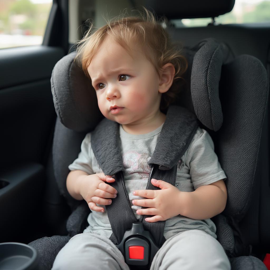 A toddler feeling car sick in the backseat of a car.