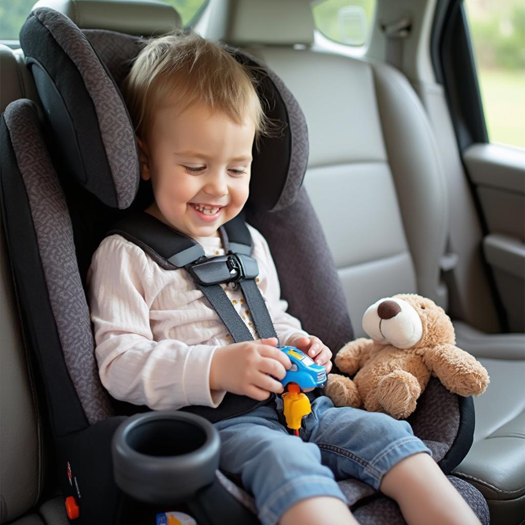 Toddler playing with toys in a car seat