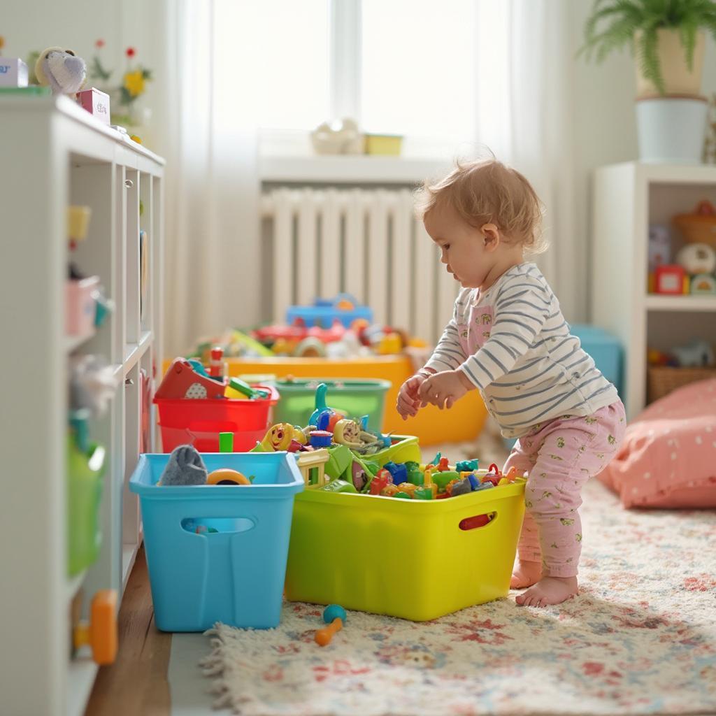 Toddler Putting Toys Away in Designated Bins