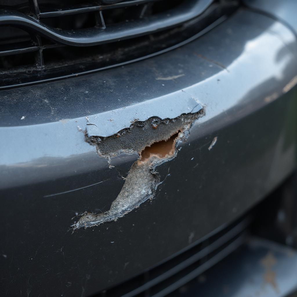 Close-up of a torn cat ear on a car bumper