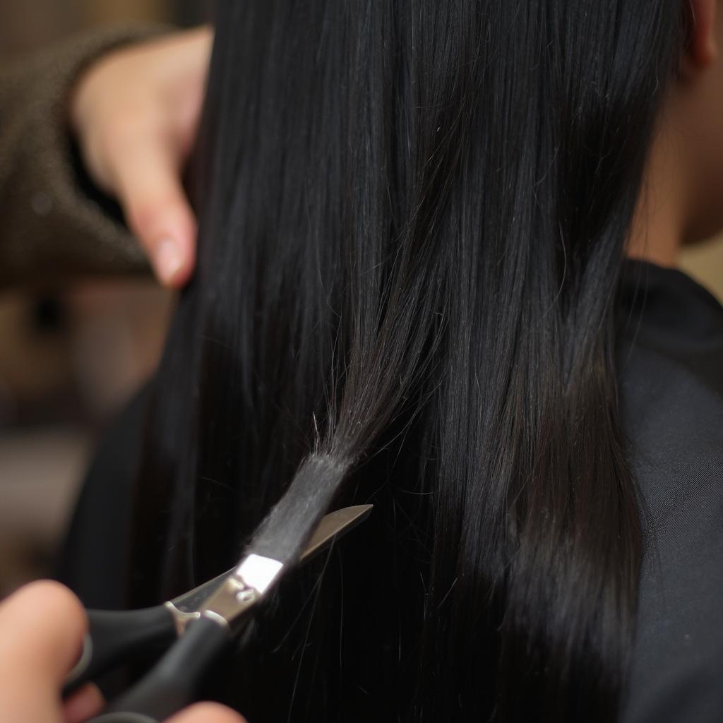 Regular trims are essential for maintaining healthy long black hair by removing split ends and preventing further damage.