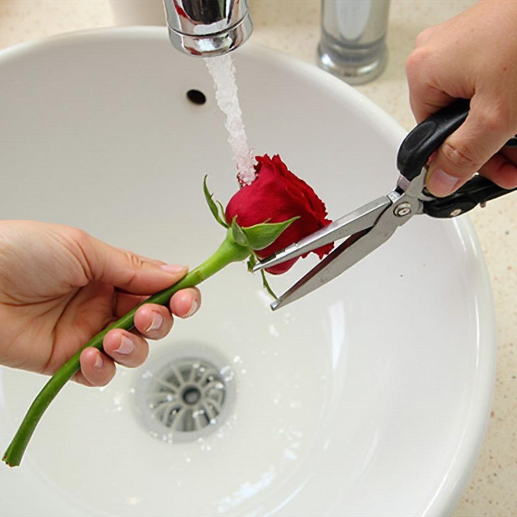 Trimming rose stems under running water with sharp shears, demonstrating the 45-degree angle cut.