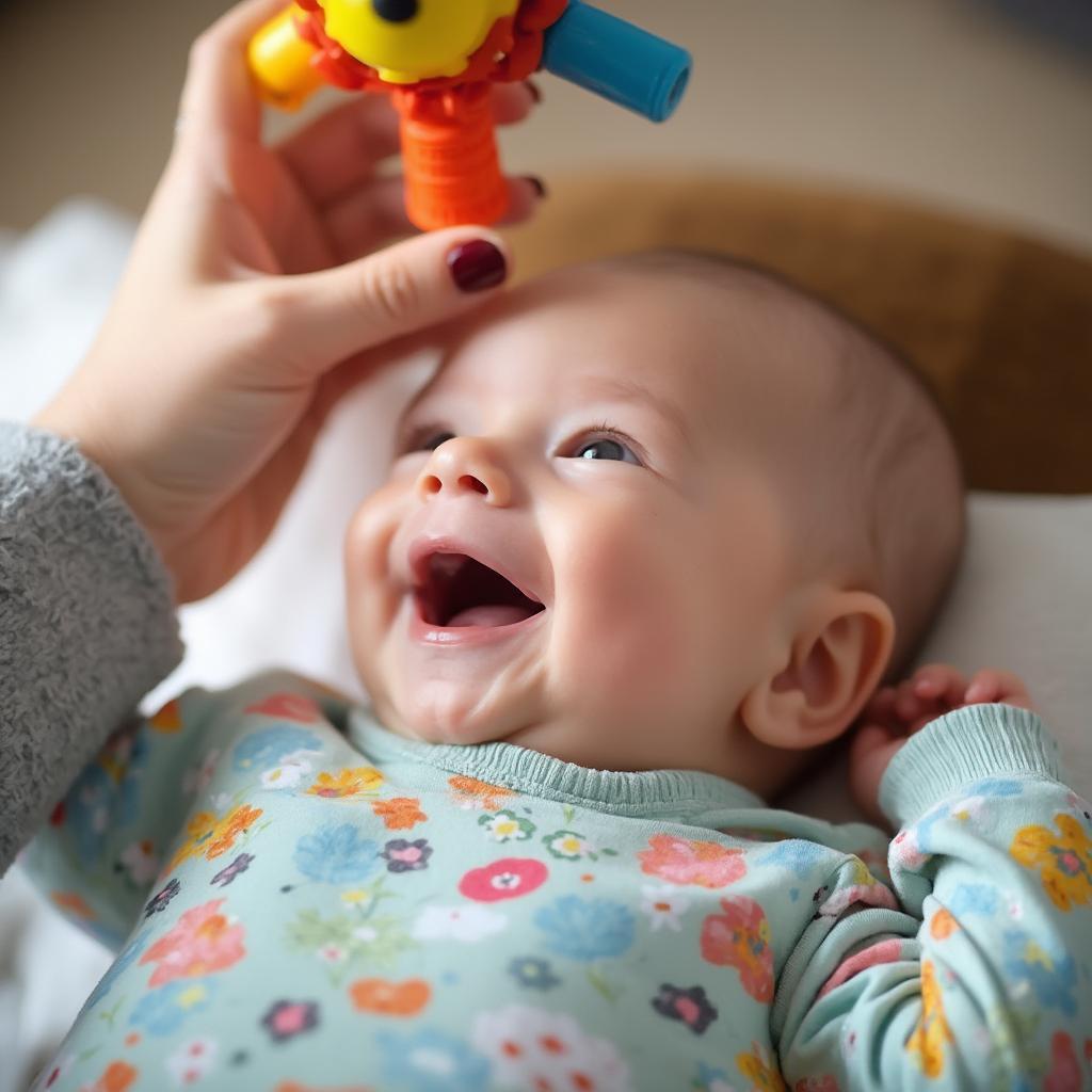 Smiling two-month-old baby interacting with parent