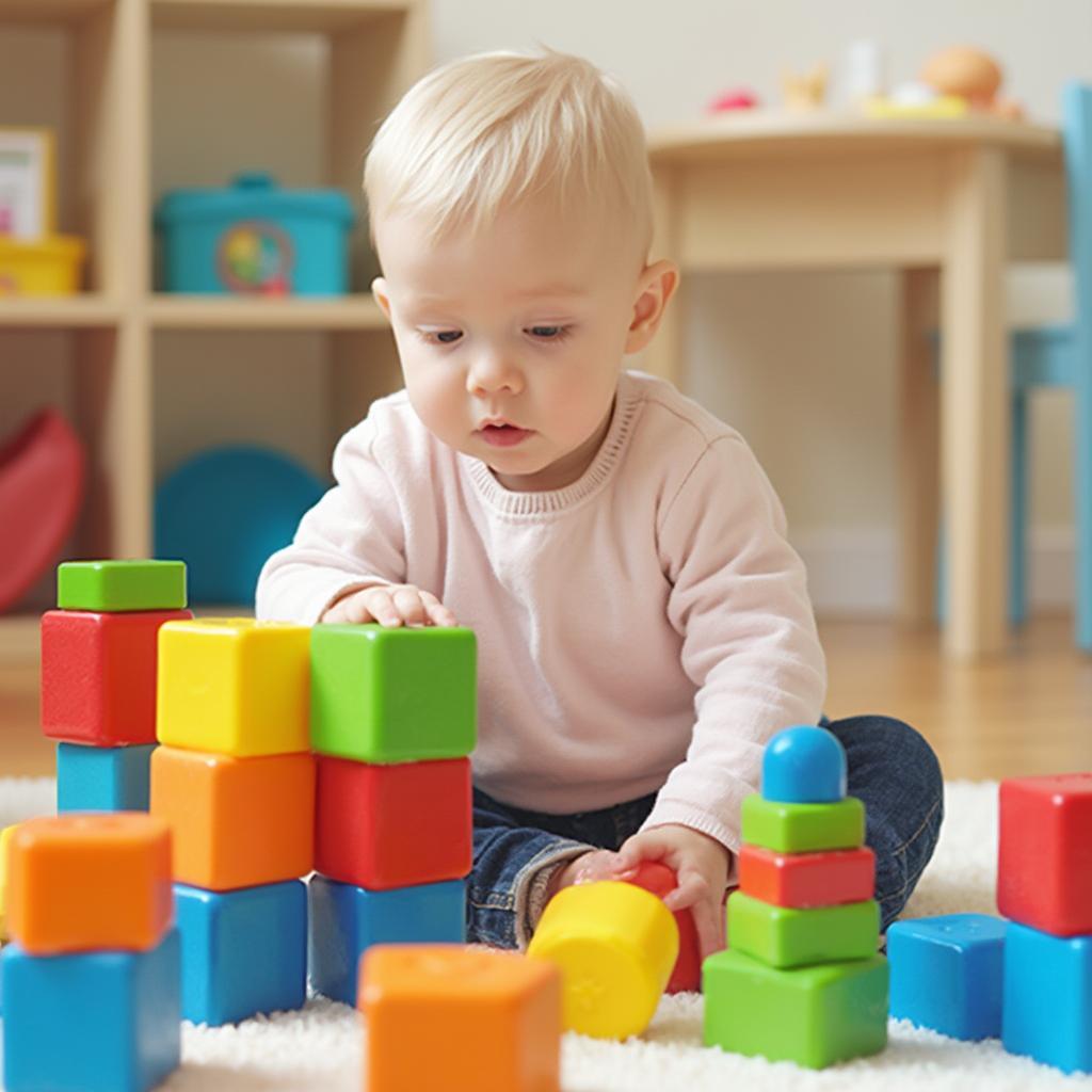 Two-year-old child engrossed in playing with colorful building blocks