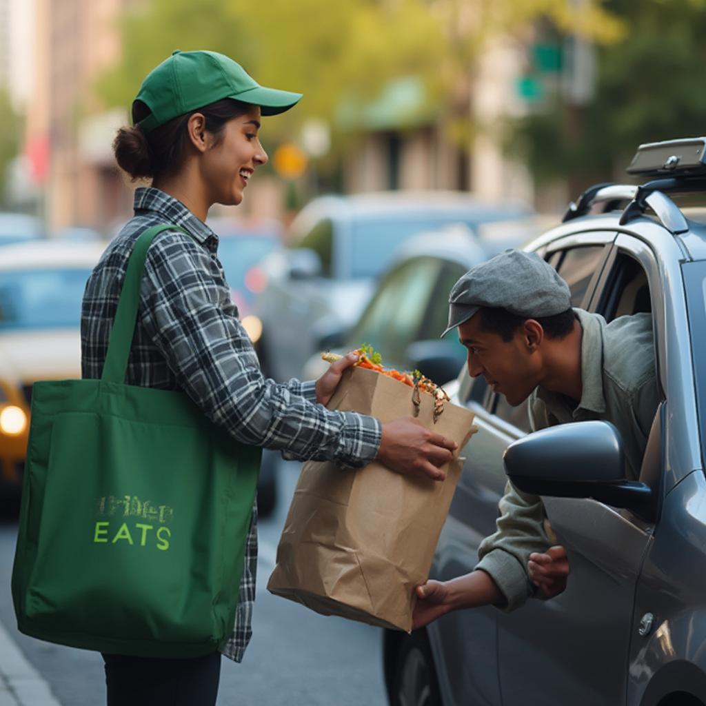 Uber Eats driver handing food to a customer at their car