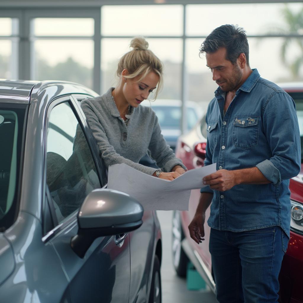 Inspecting a used car at a dealership