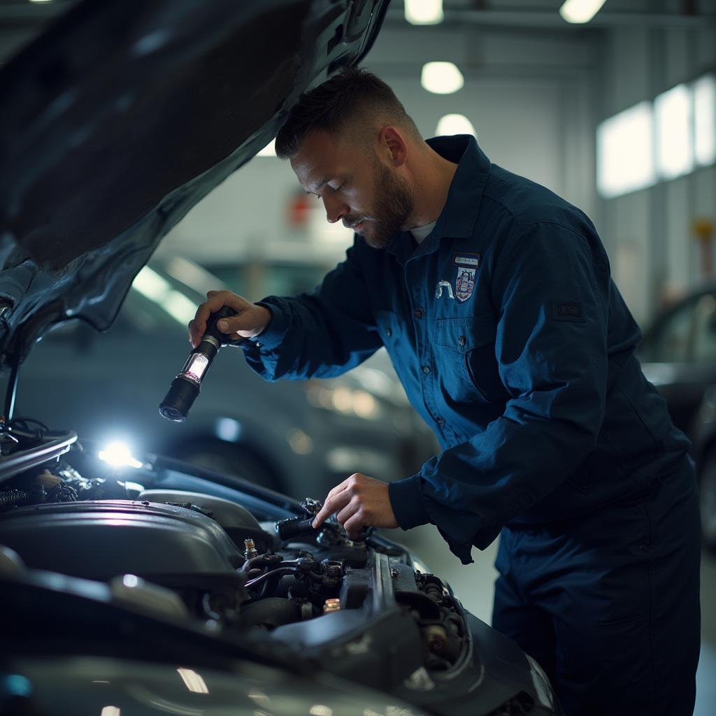 Mechanic inspecting a used car engine