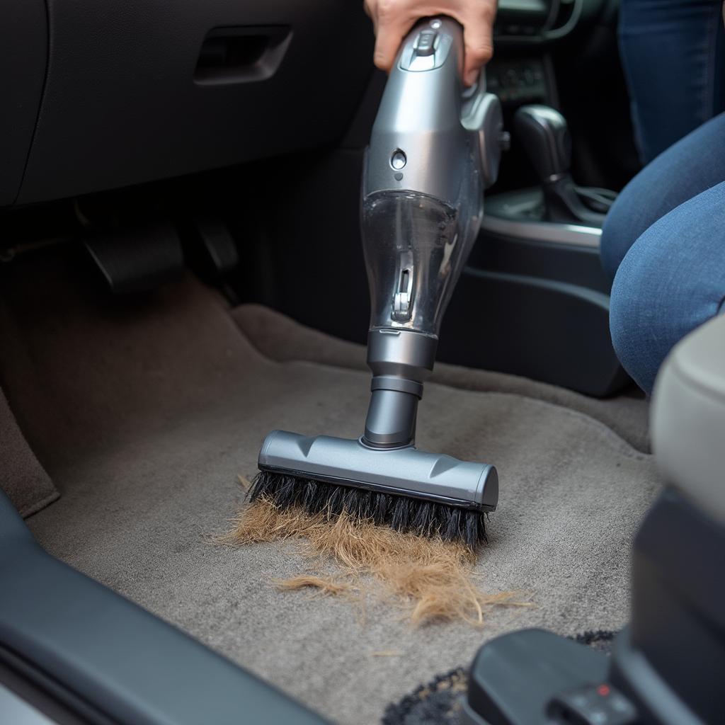 Using a vacuum cleaner with a specialized pet hair attachment to remove dog hair from car carpet.