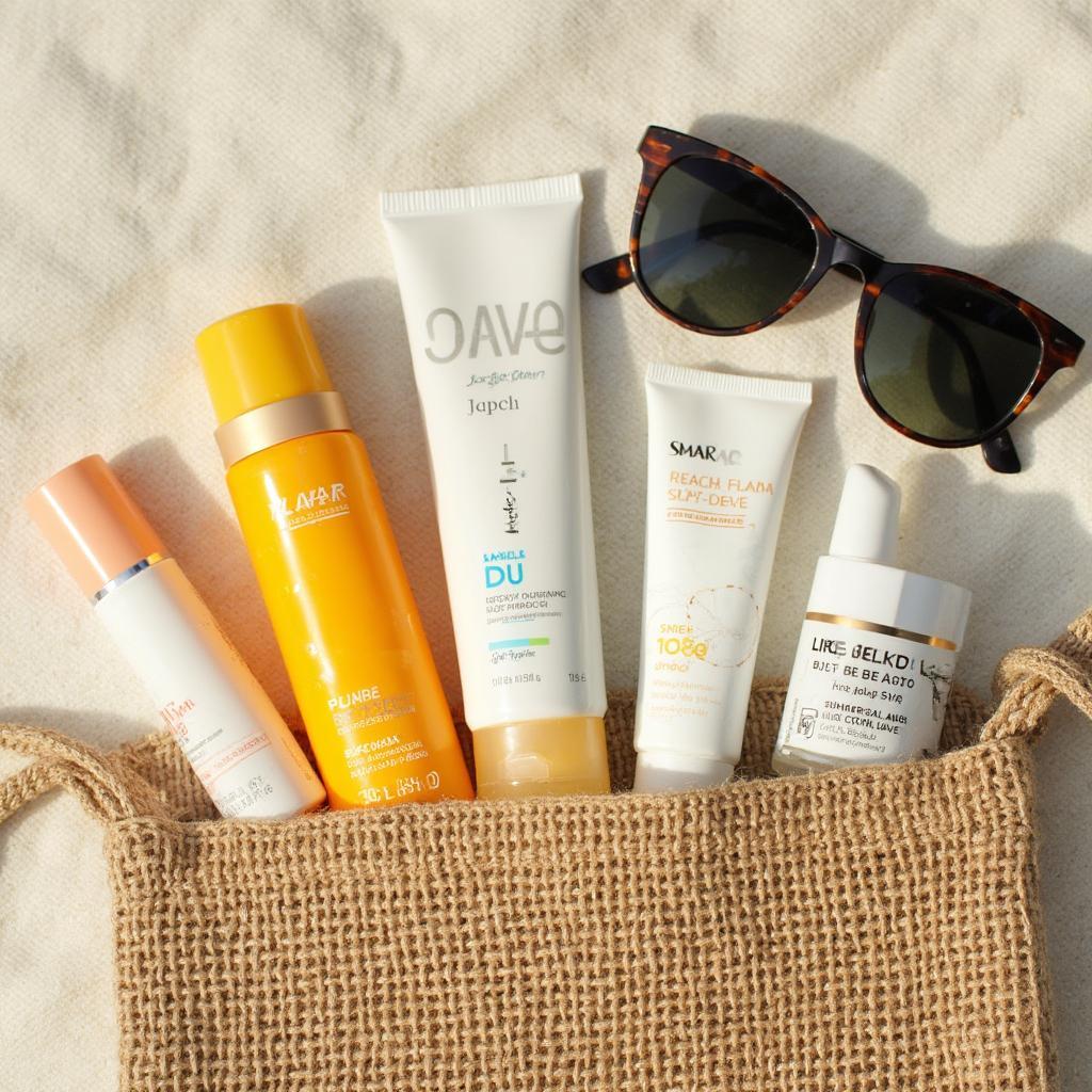 Various Summer Skin Care Products in a Beach Bag