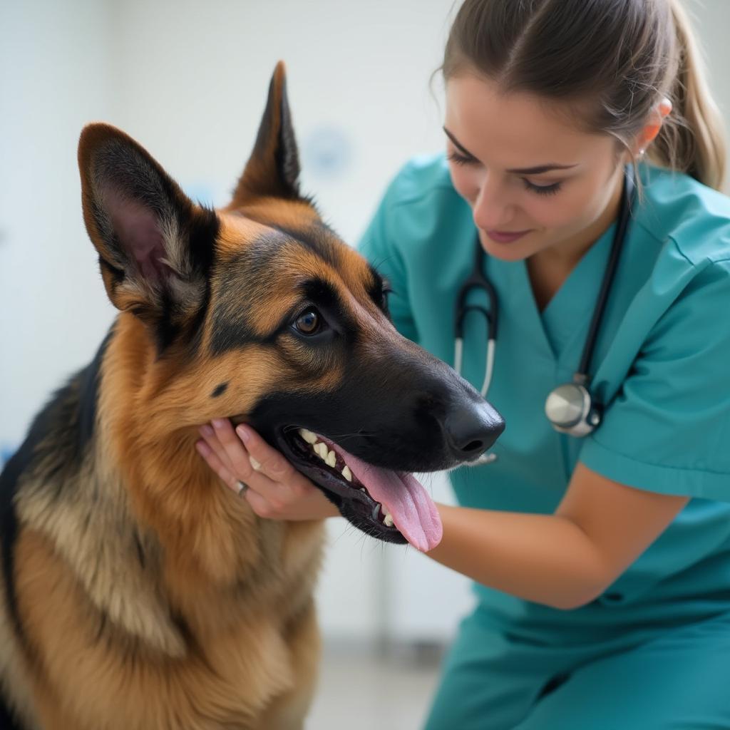 A veterinarian conducting a health check on a German Shepherd