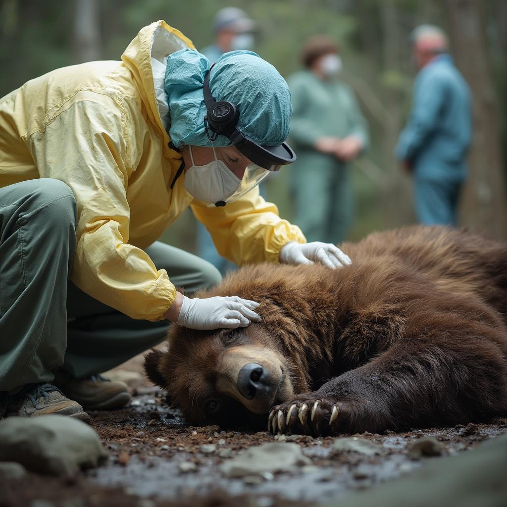 Veterinarian conducting a health check on a bear