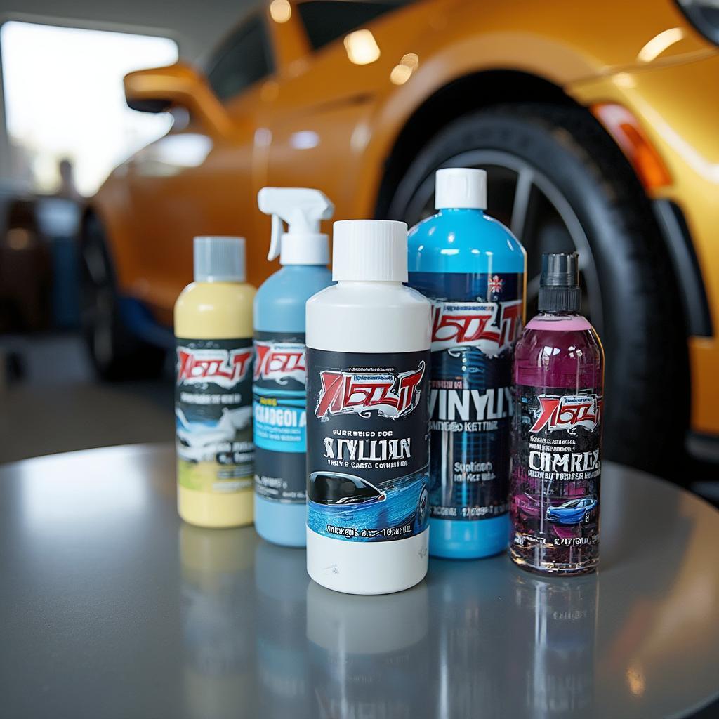 Various vinyl care products displayed on a table