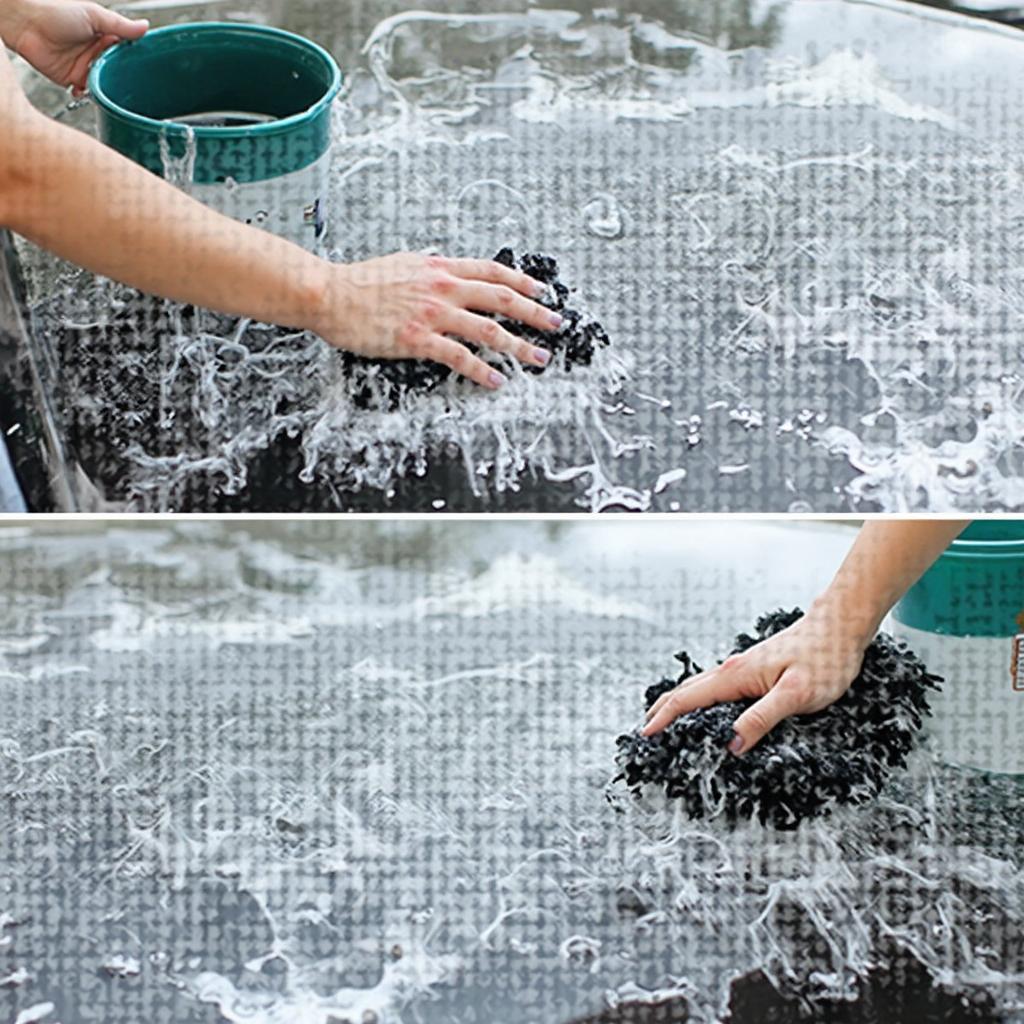 Washing a car with the two-bucket method to prevent swirl marks and scratches