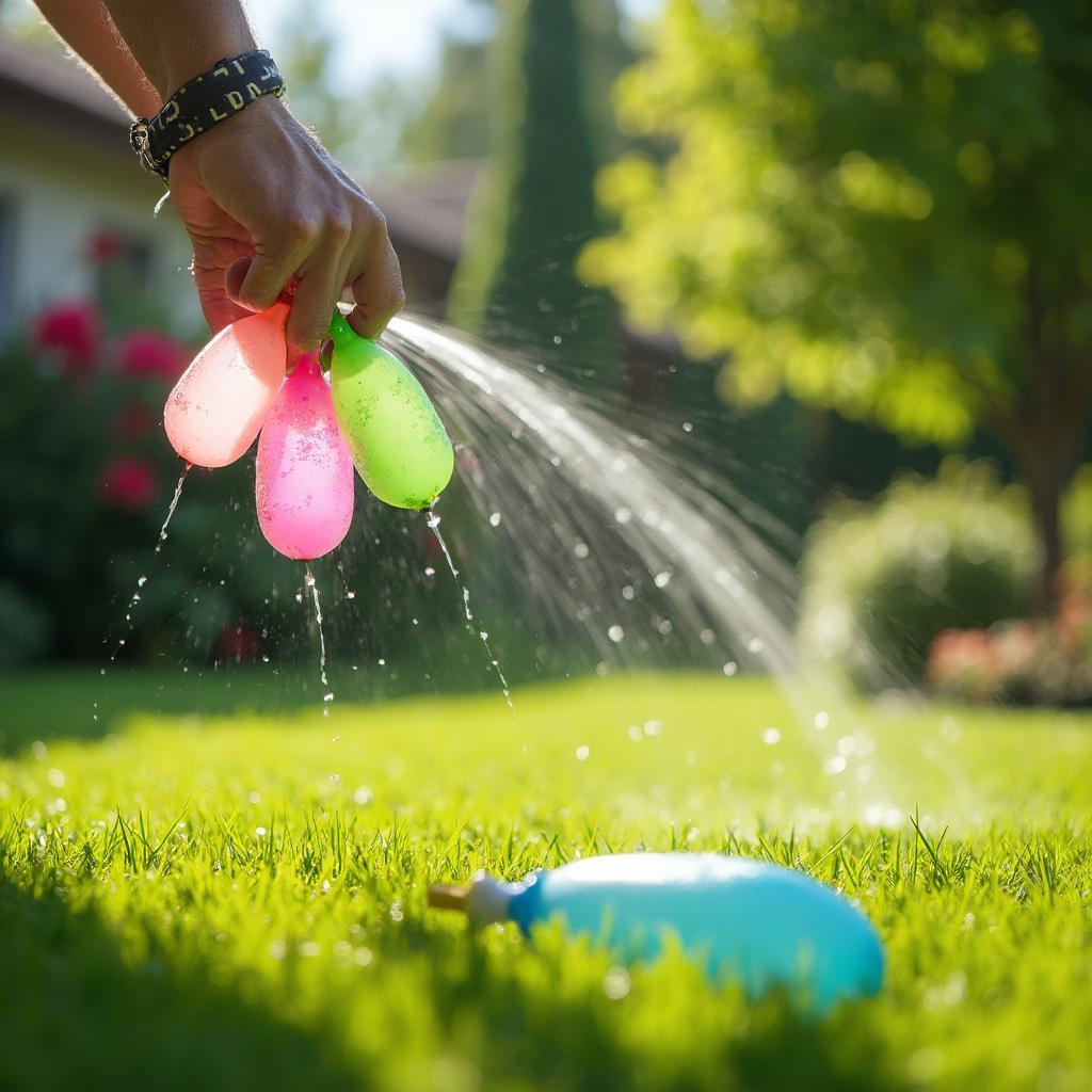 Watering the lawn with biodegradable water balloons