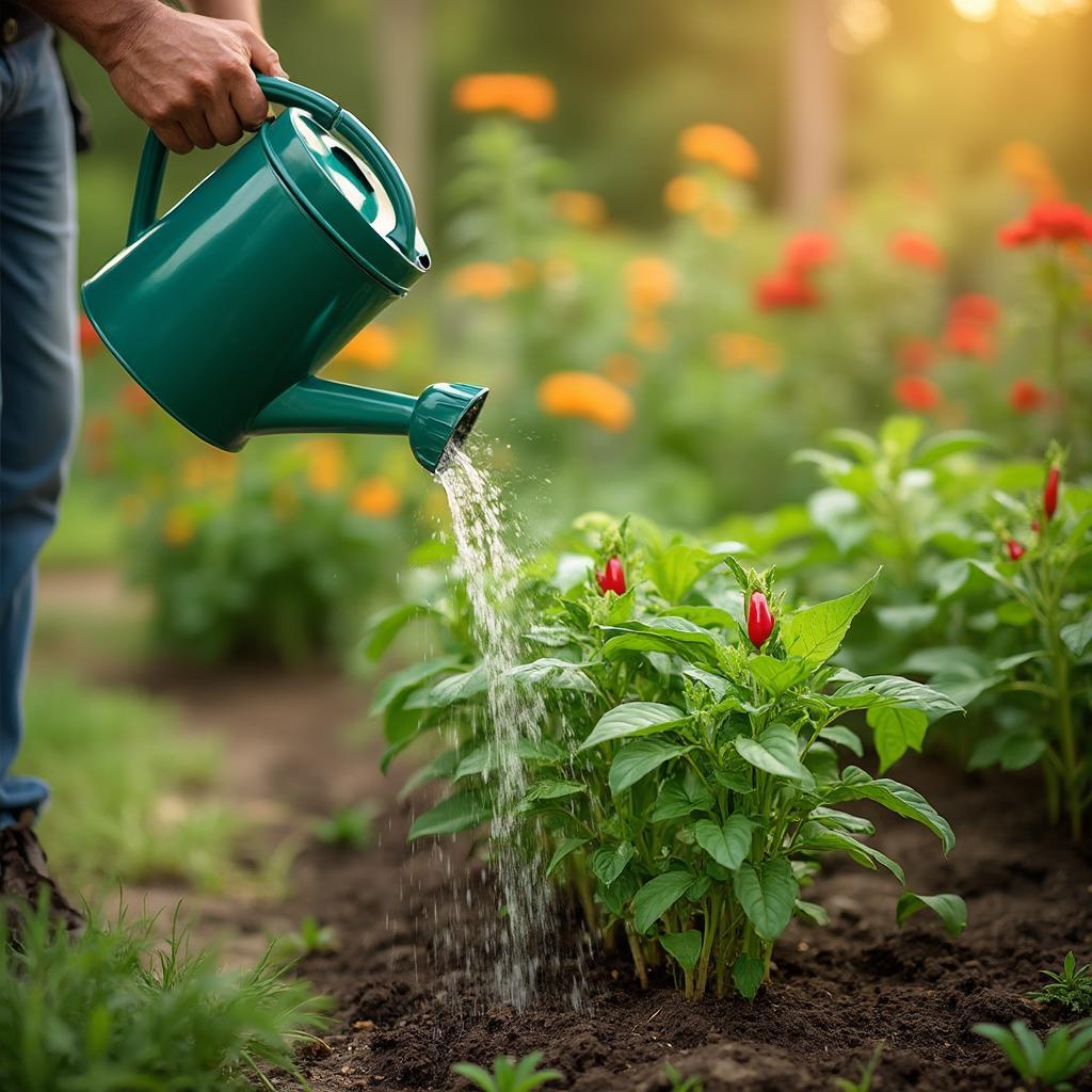 Watering Pepper Plants in a Sunny Garden