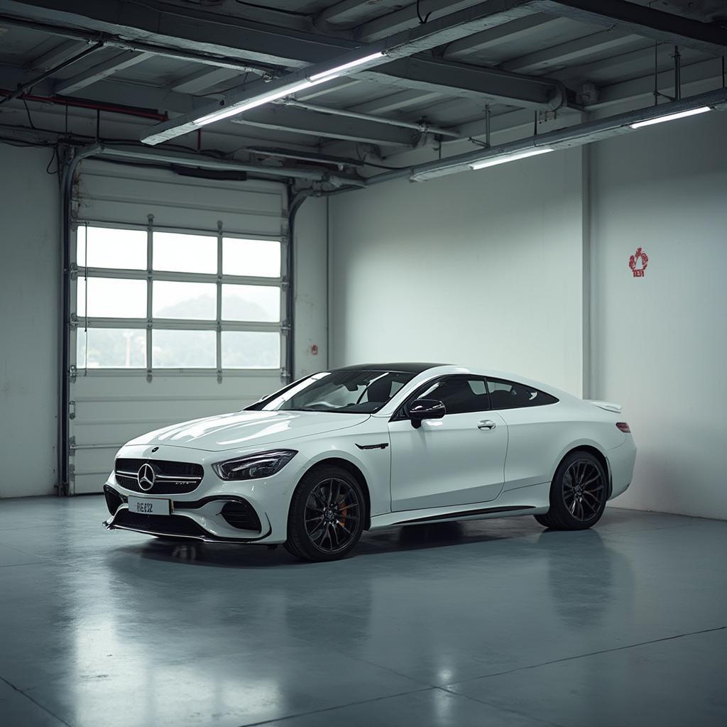 A gleaming white car parked in a garage.