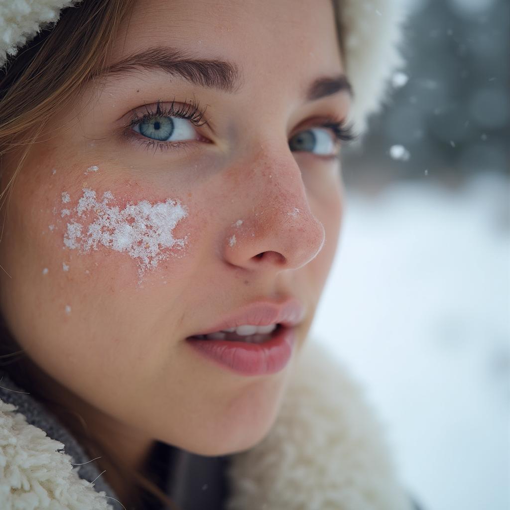 Woman with dry, flaky skin on her face during winter