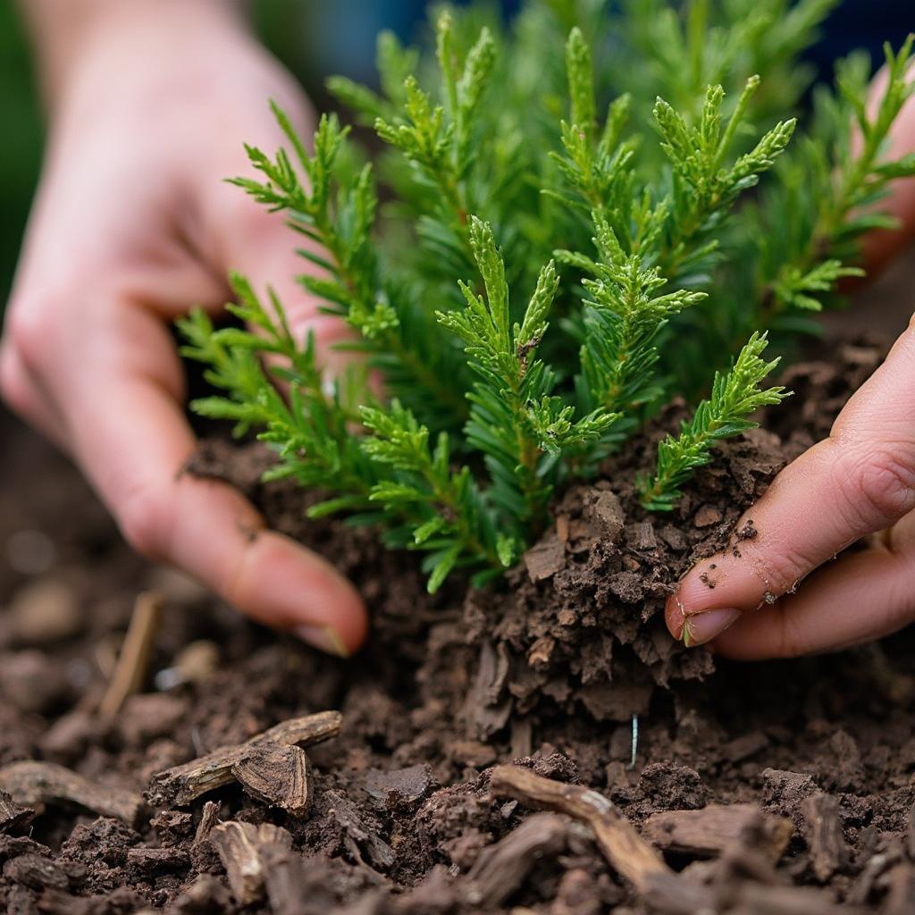 Mulching around plants for winter protection