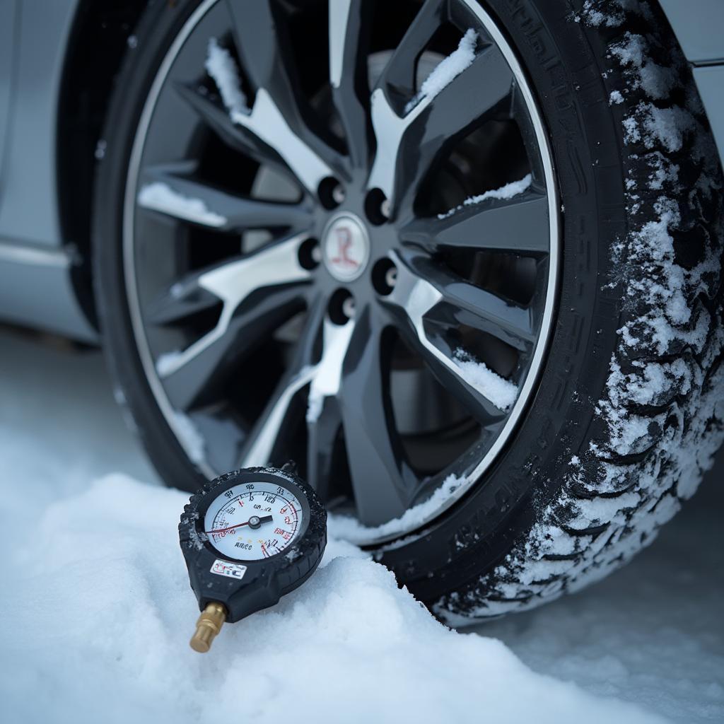 Checking Tire Pressure on Jaguar in Winter