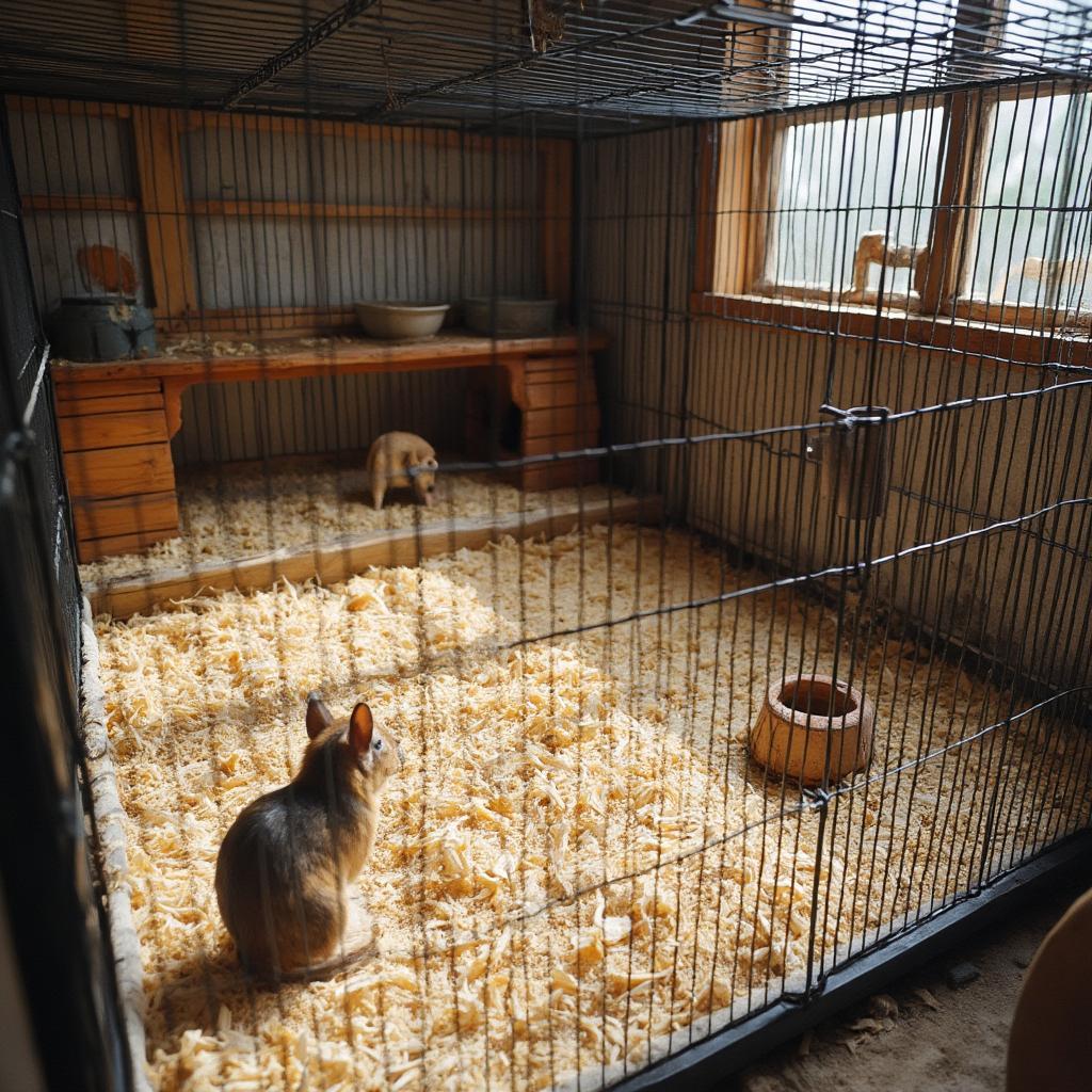 Winter White Hamster Cage Setup with Bedding, Hideout, and Wheel