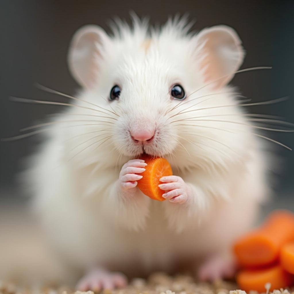 Winter White Hamster Eating Fresh Vegetables