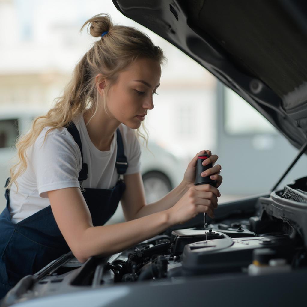 Woman checking engine oil level