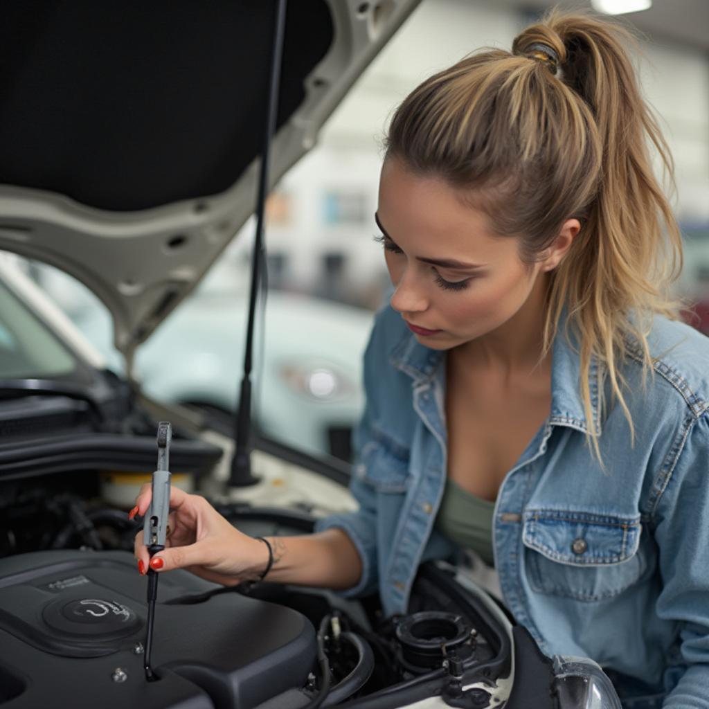 Woman Checking Oil Level