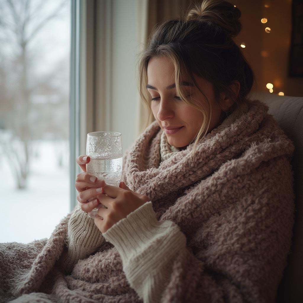 Woman Drinking Water in Winter