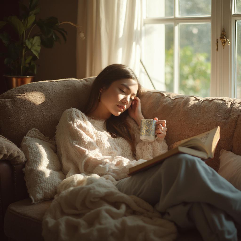 Woman relaxing with a cup of tea and a book.