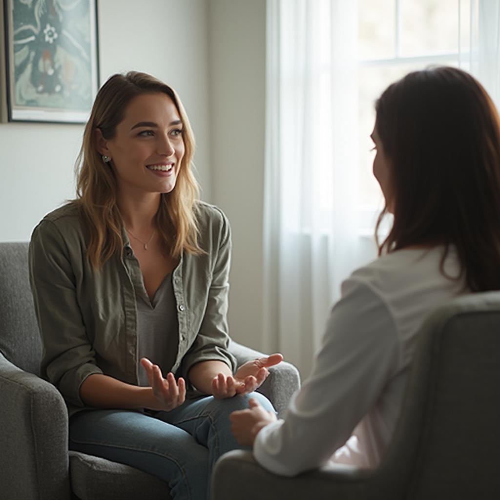 A woman discussing her feelings with a therapist