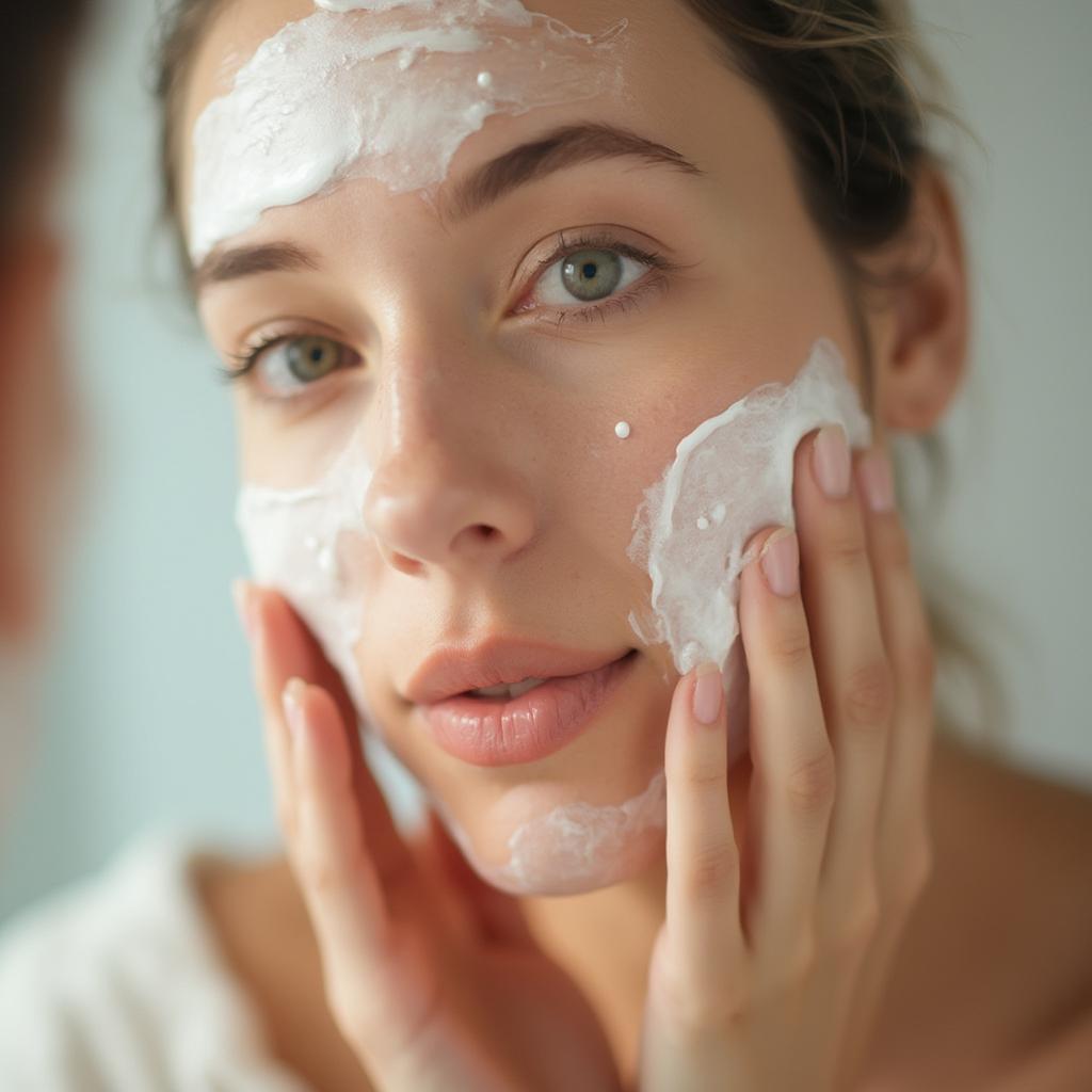 Woman washing her face with a gentle cleanser