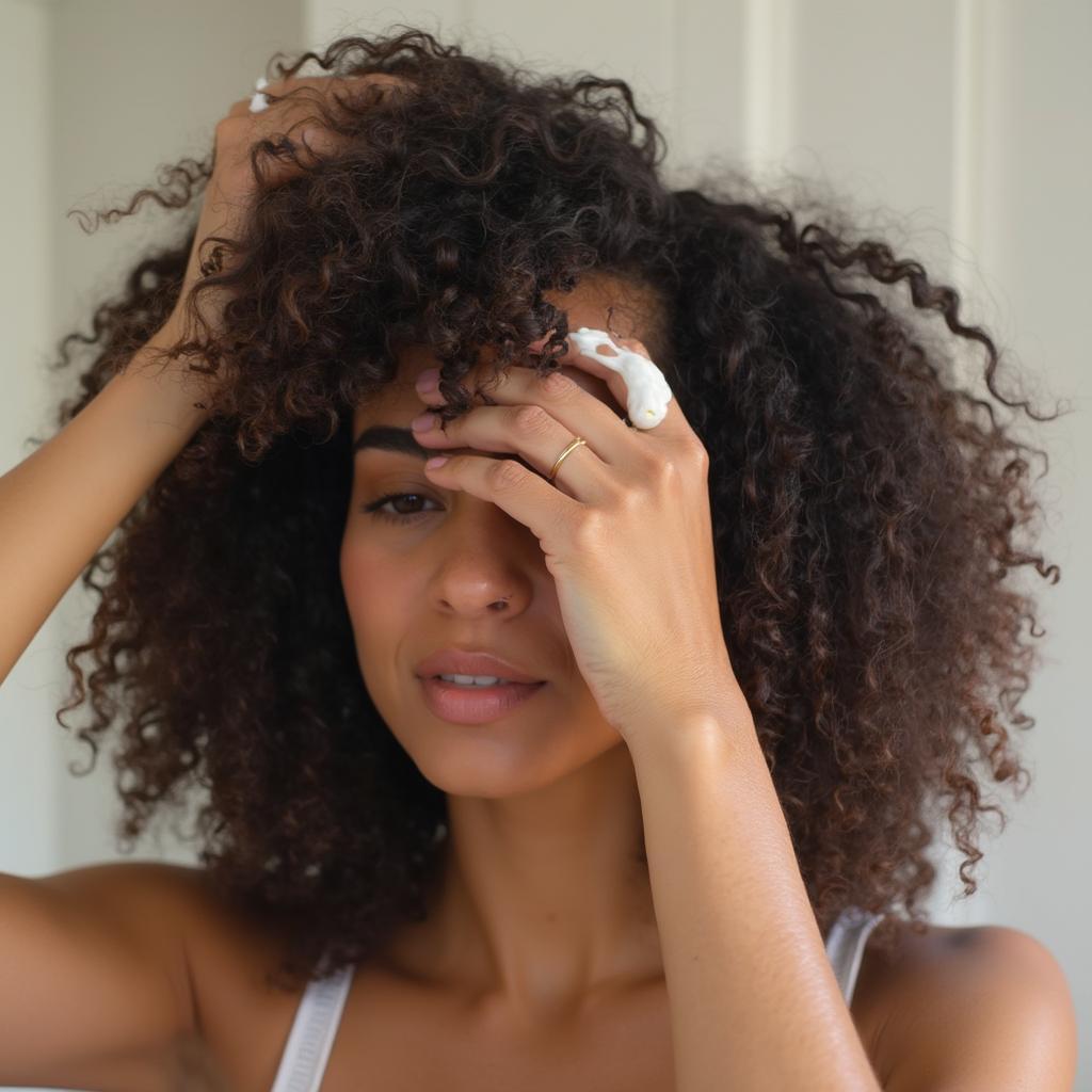 Woman with curly frizzy hair applying curl cream to define curls and reduce frizz