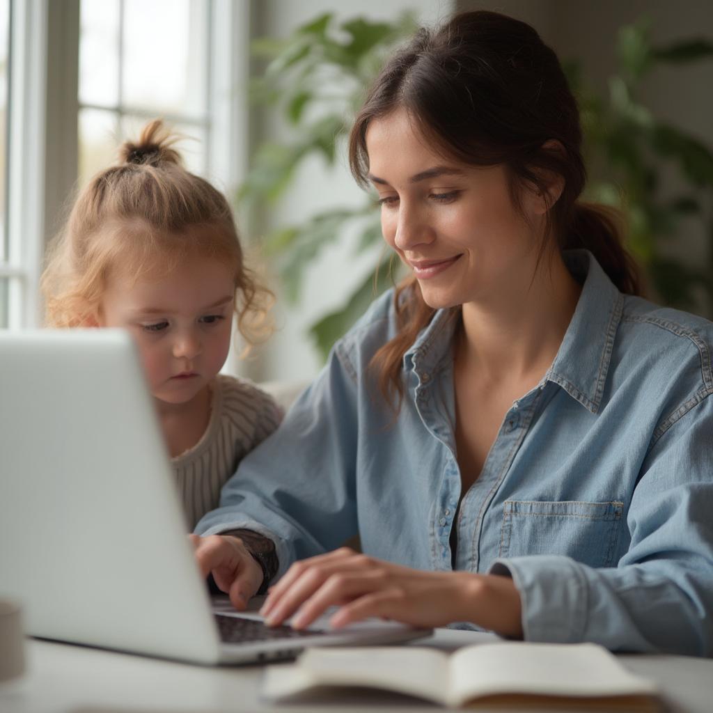 Woman Working from Home with Child