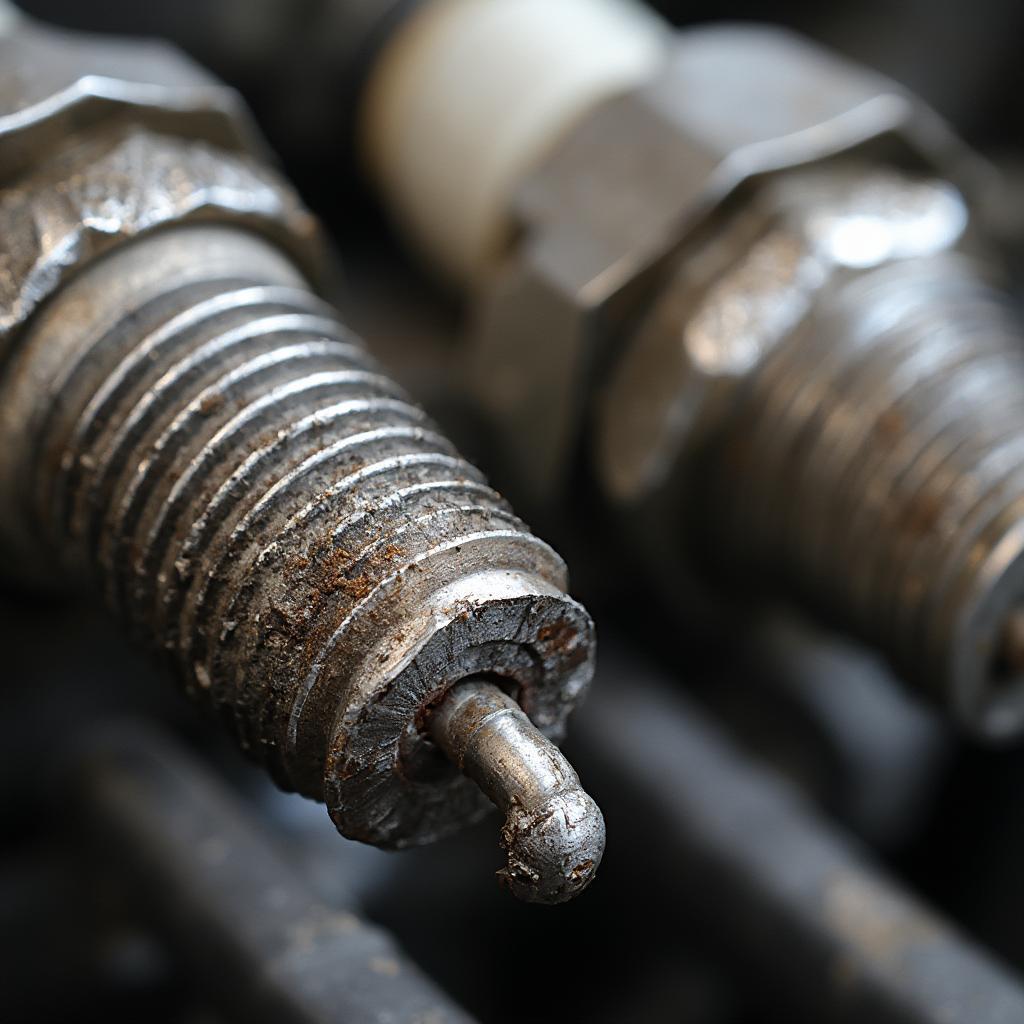 Close-up of worn spark plugs.