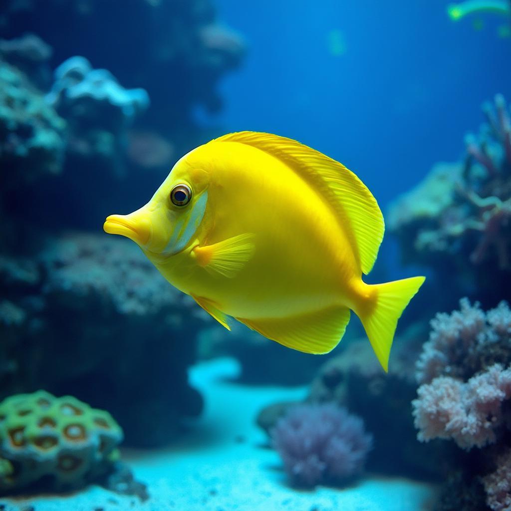 A yellow tang swimming gracefully in a spacious, well-maintained reef aquarium.