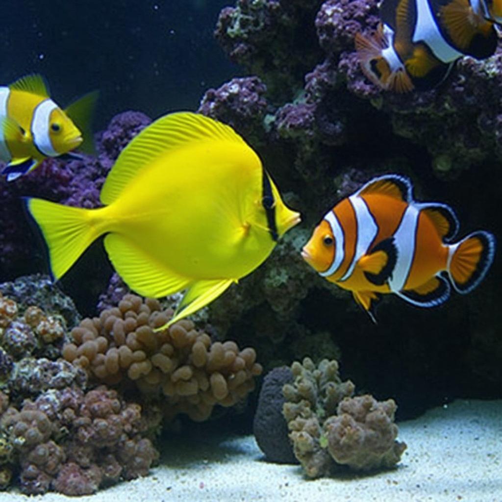 A yellow tang peacefully coexisting with a clownfish and a wrasse in a reef aquarium.