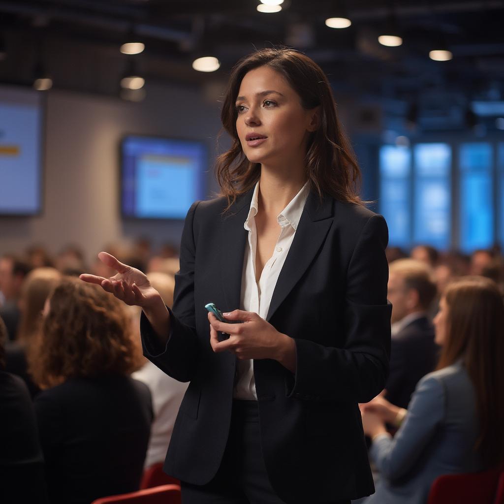 Young professional confidently presenting at a conference