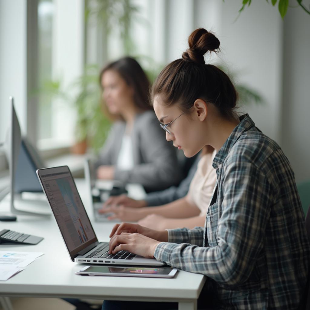 Young professional focused on laptop, working diligently