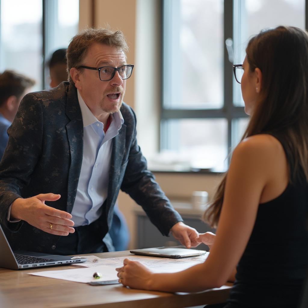 A candidate actively engaging with a recruiter during a virtual career fair, asking thoughtful questions.