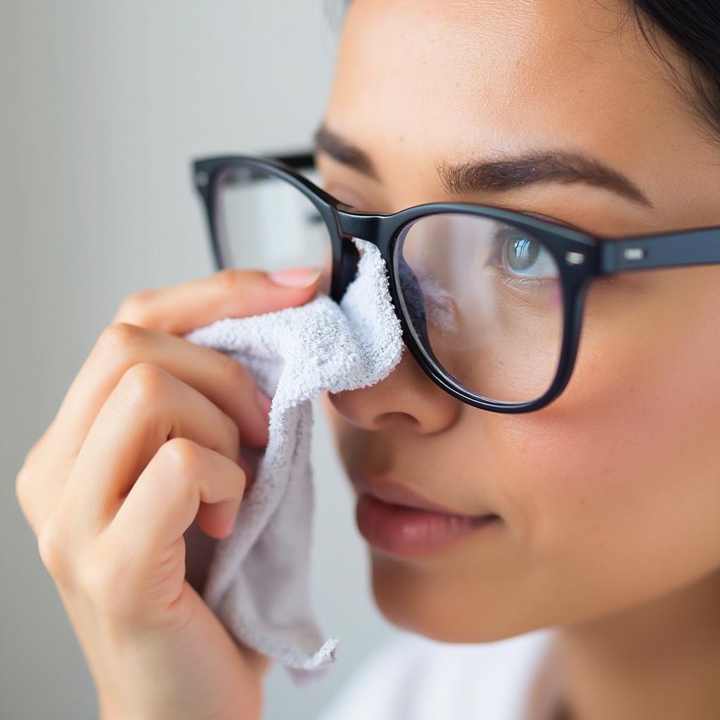 Cleaning eyeglasses with a microfiber cloth