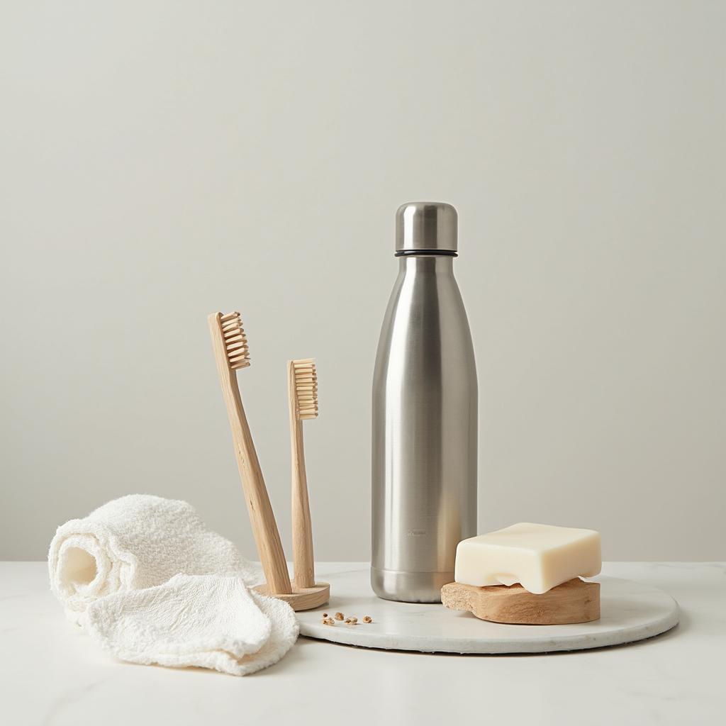 Eco-friendly bathroom essentials, including a bamboo toothbrush, reusable water bottle, and a bar of soap.