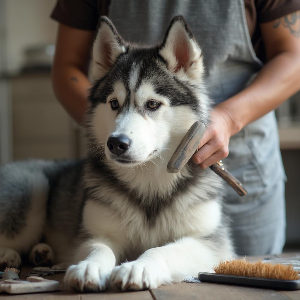 Grooming an Iditarod dog