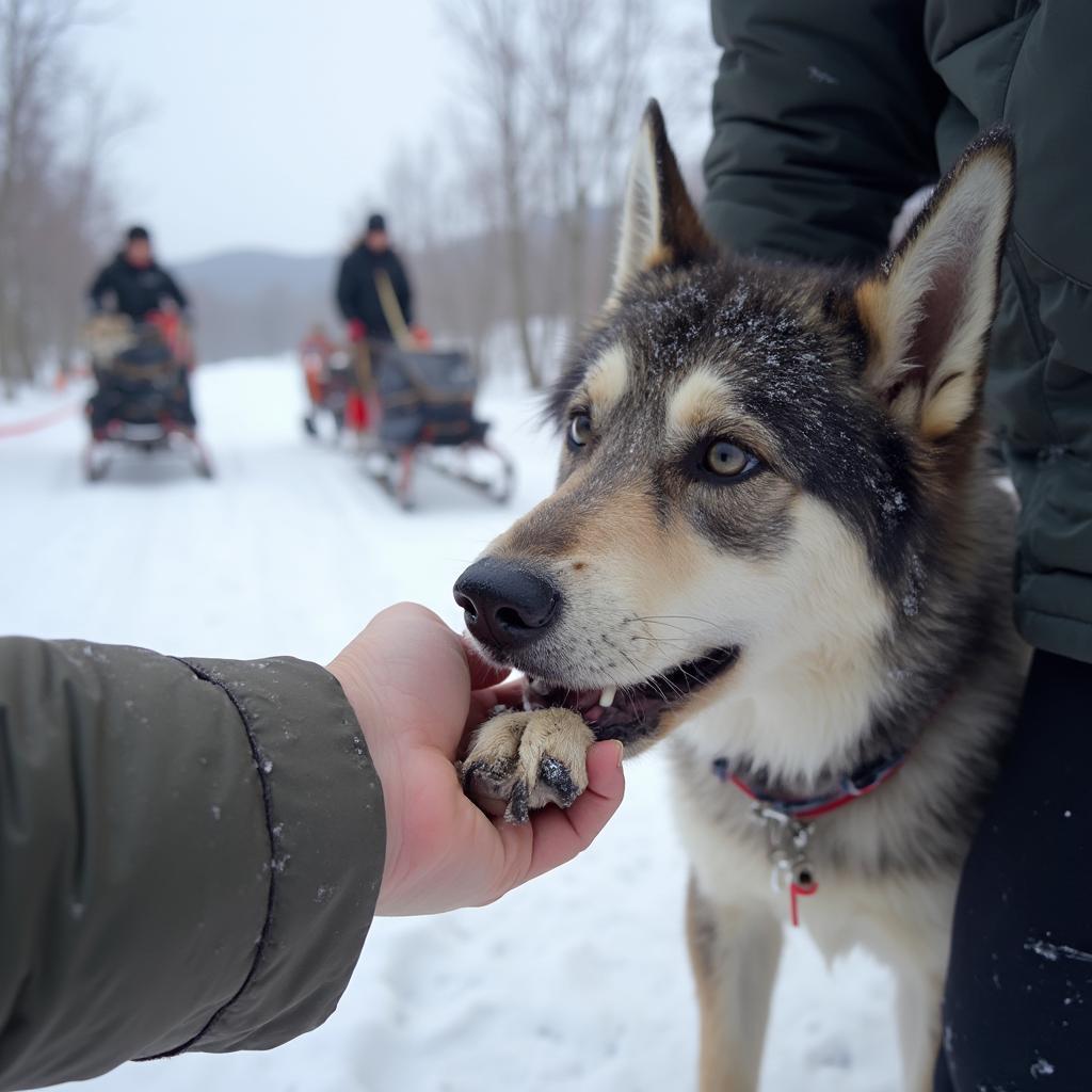 Checking an Iditarod dog's paw for injuries