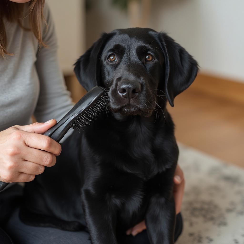 A Labrador puppy being brushed.