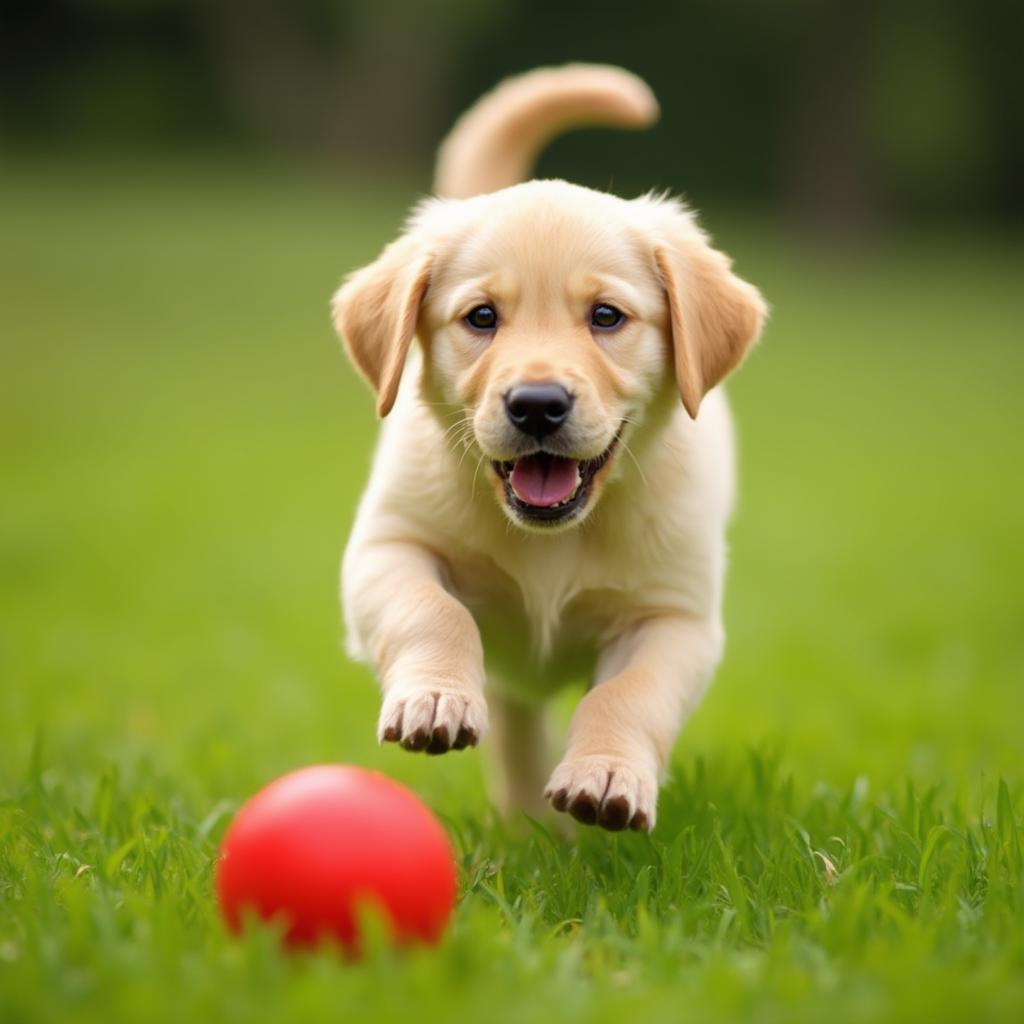 A Labrador puppy playfully retrieves a ball.