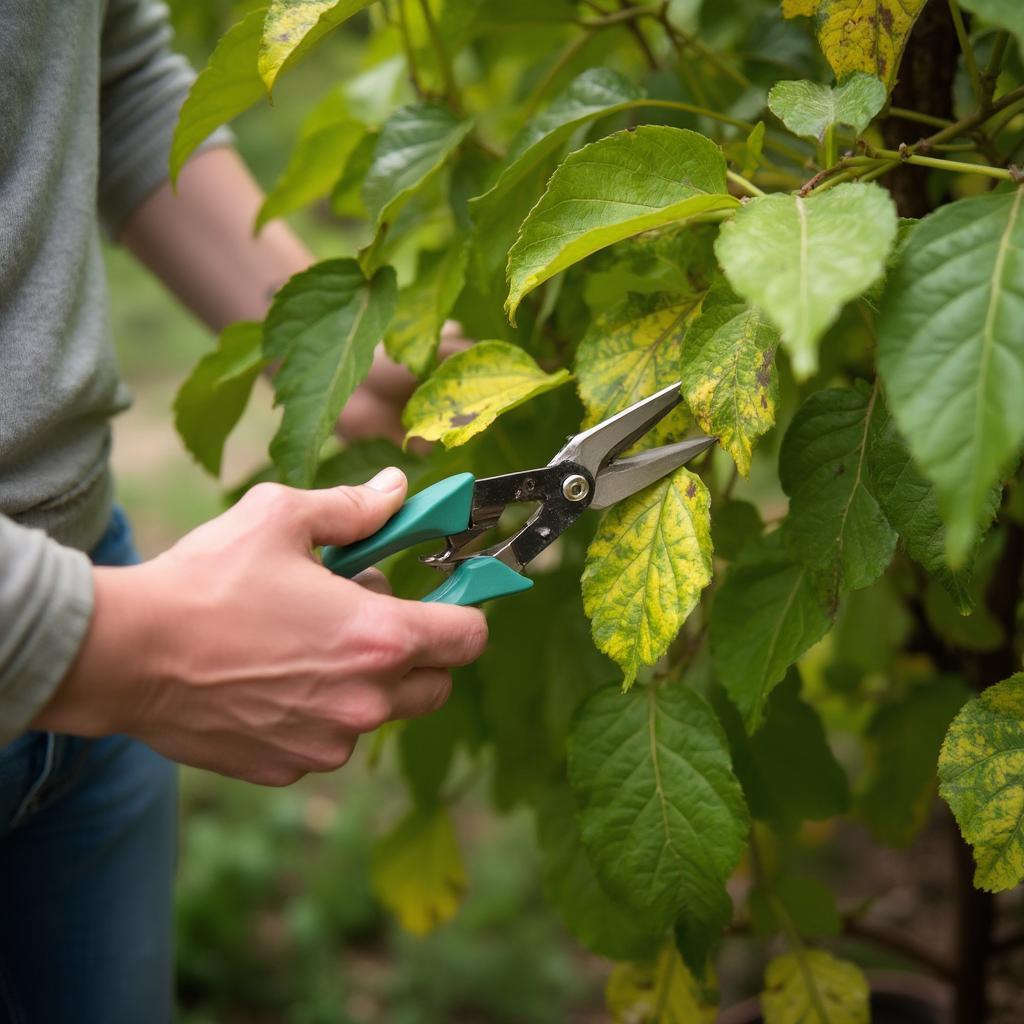 Using pruning shears to carefully shape a pachira aquatica plant and remove dead leaves.