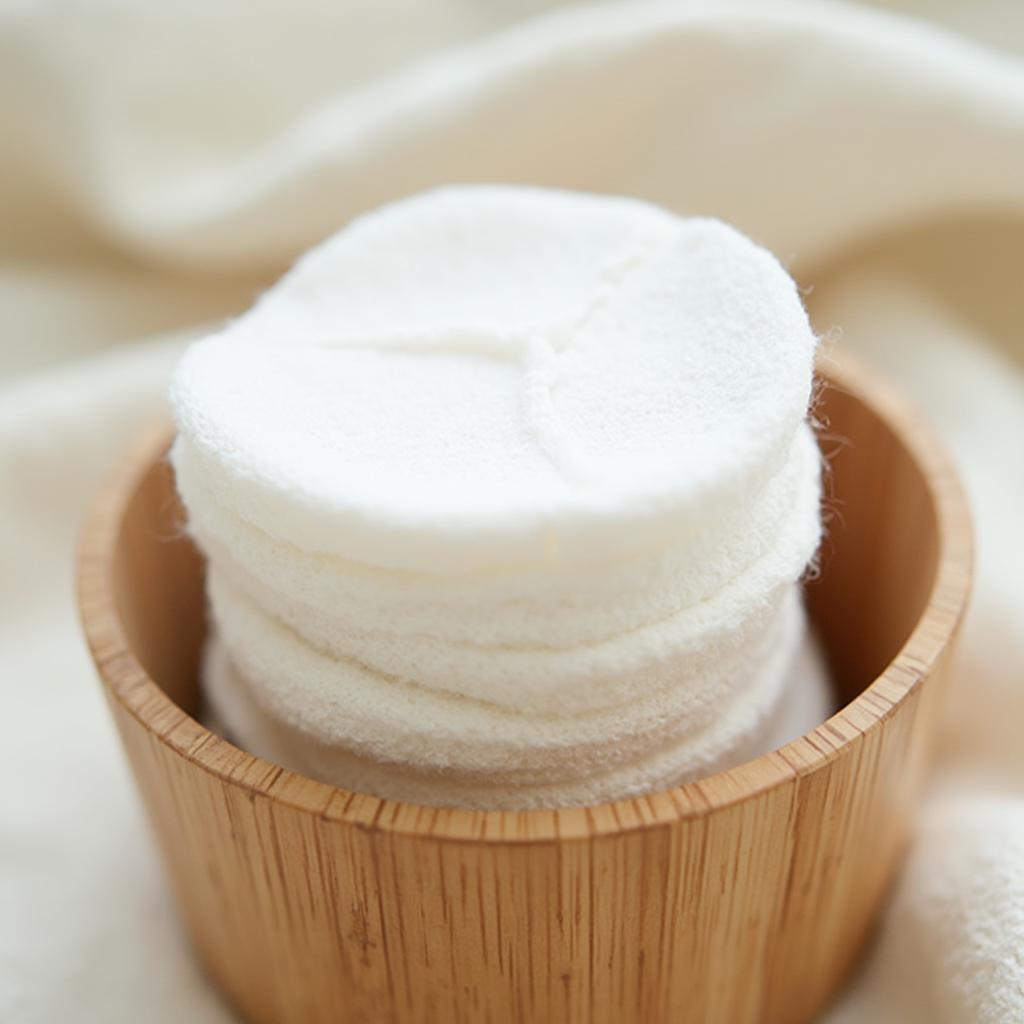 Reusable cotton rounds in a bamboo container.